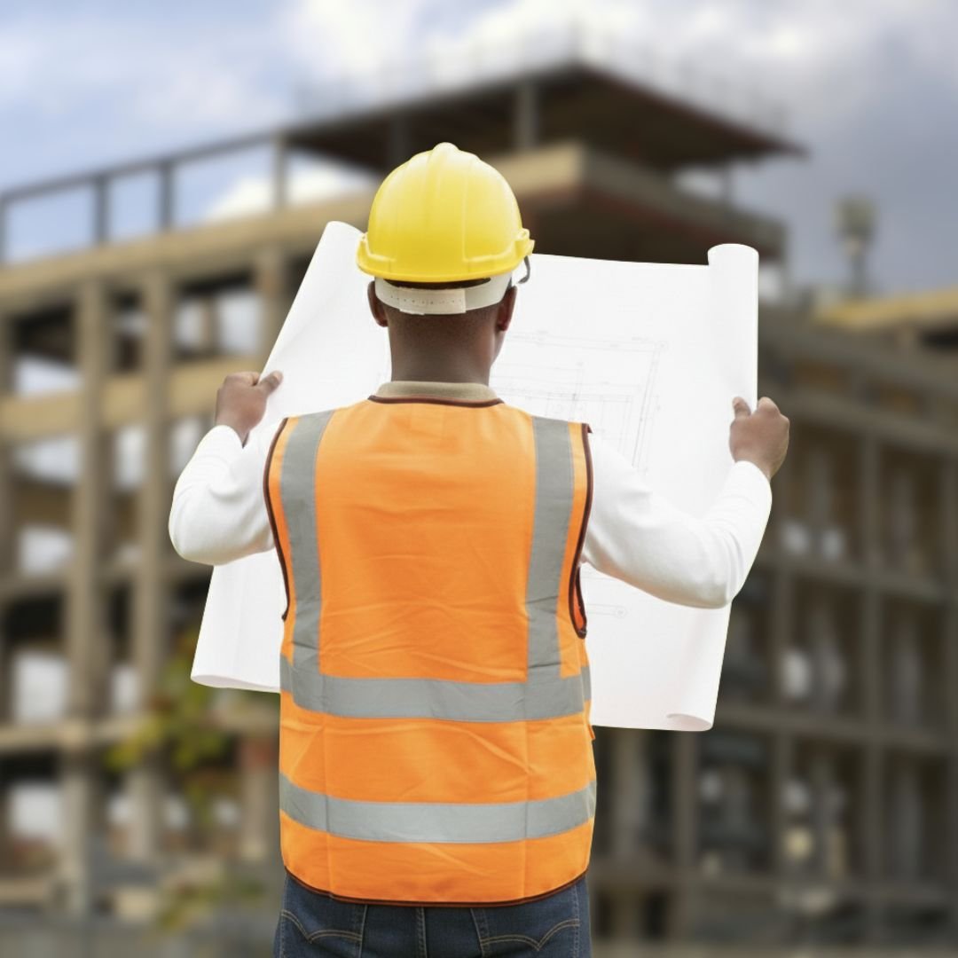 Ir Jodelle consultant des plans techniques sur un chantier